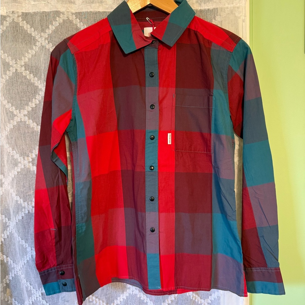 Topo Designs Park Shirt Long Sleeve Womens Small Button Up Red Blue Plaid NWT